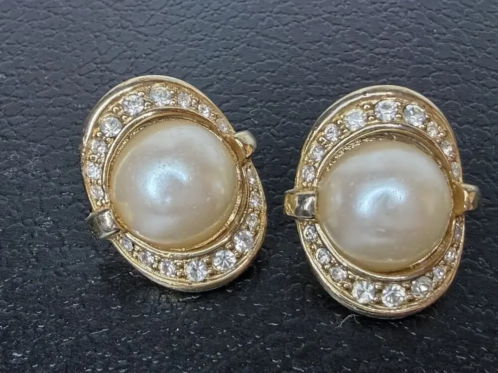 Vintage Oval Faux Pearl CZ Earrings Gold Tone Hollywood Glam Stud